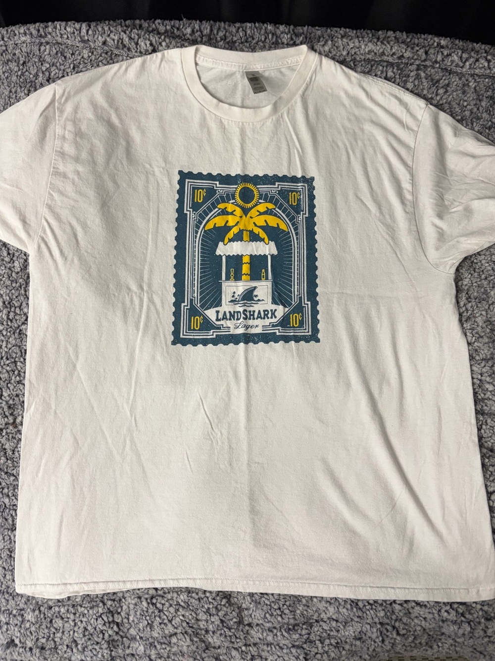 Gildan White Short-Sleeve Tee with Blue and Yellow Palm Graphic